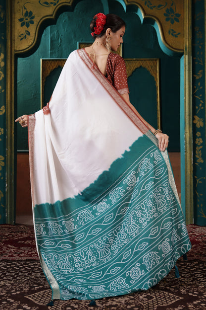 PEARL WHITE & TEAL BANDHANI SILK SAREE