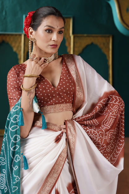 PEARL WHITE & TEAL BANDHANI SILK SAREE