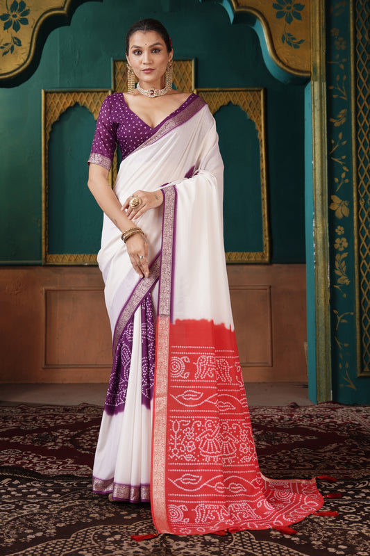 PEARL WHITE & VERMILLION BANDHANI SILK SAREE