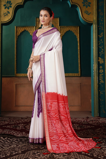 PEARL WHITE & VERMILLION BANDHANI SILK SAREE