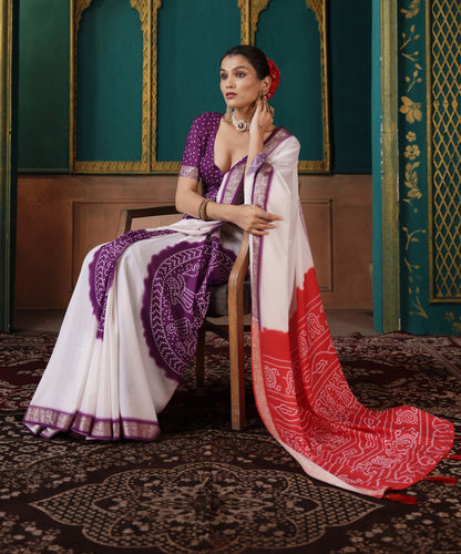 PEARL WHITE & VERMILLION BANDHANI SILK SAREE
