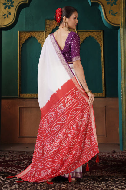 PEARL WHITE & VERMILLION BANDHANI SILK SAREE