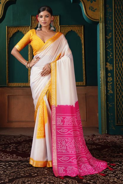 PEARL WHITE & MAGENTA BANDHANI SILK SAREE
