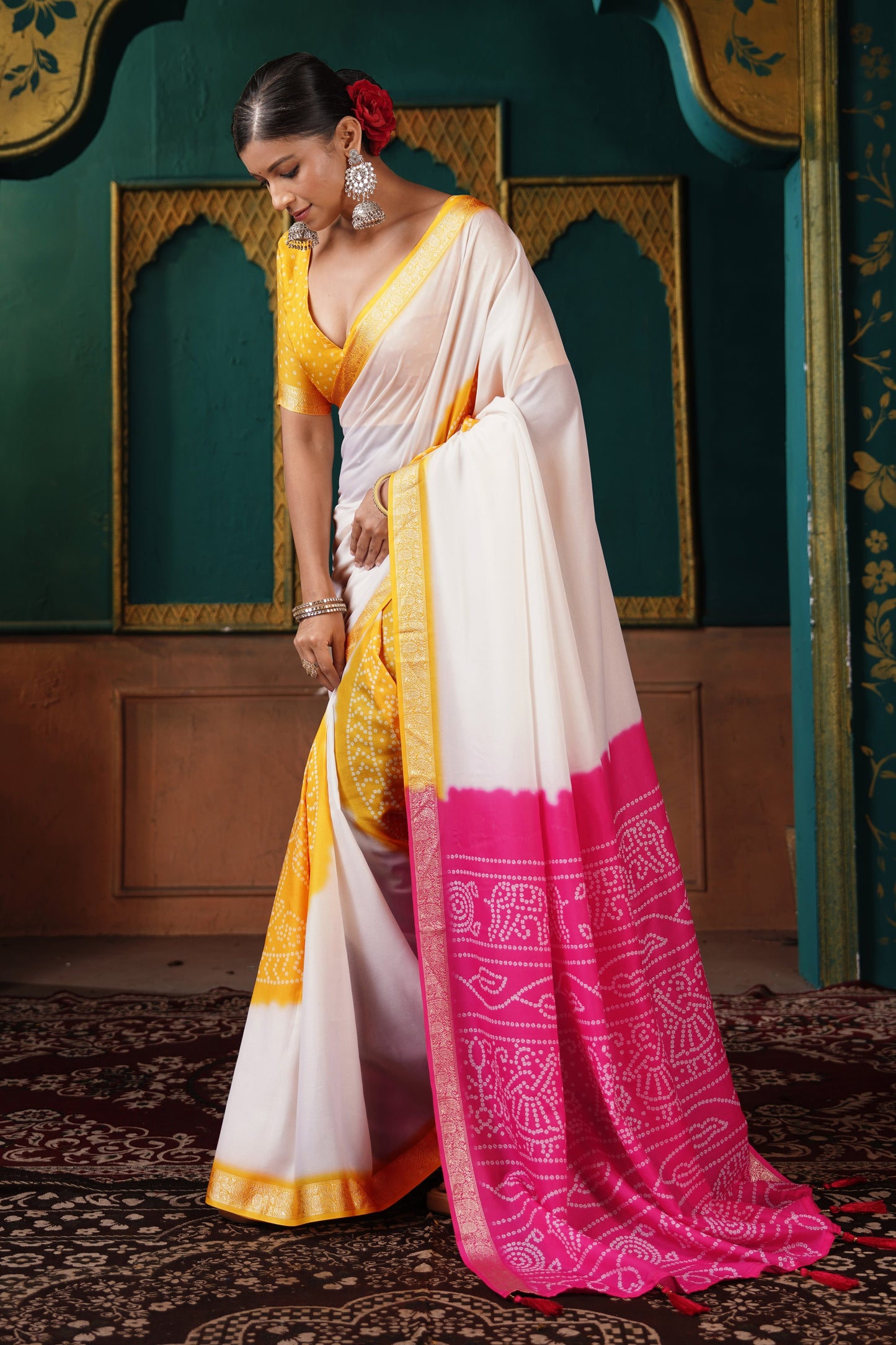 PEARL WHITE & MAGENTA BANDHANI SILK SAREE