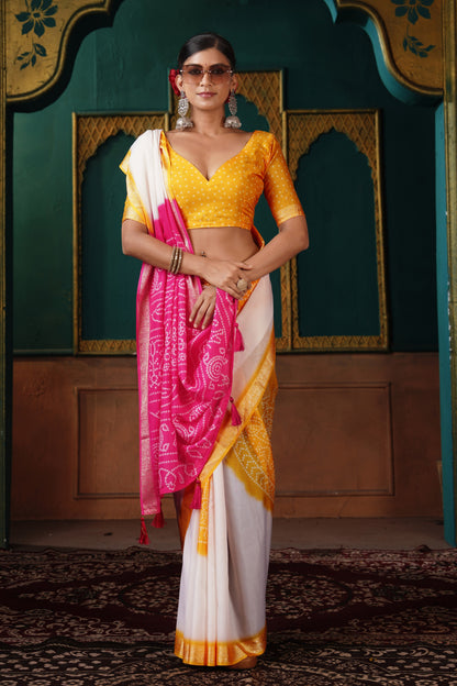 PEARL WHITE & MAGENTA BANDHANI SILK SAREE
