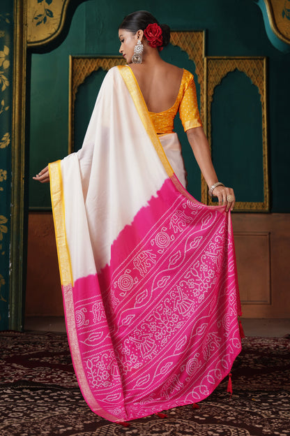 PEARL WHITE & MAGENTA BANDHANI SILK SAREE