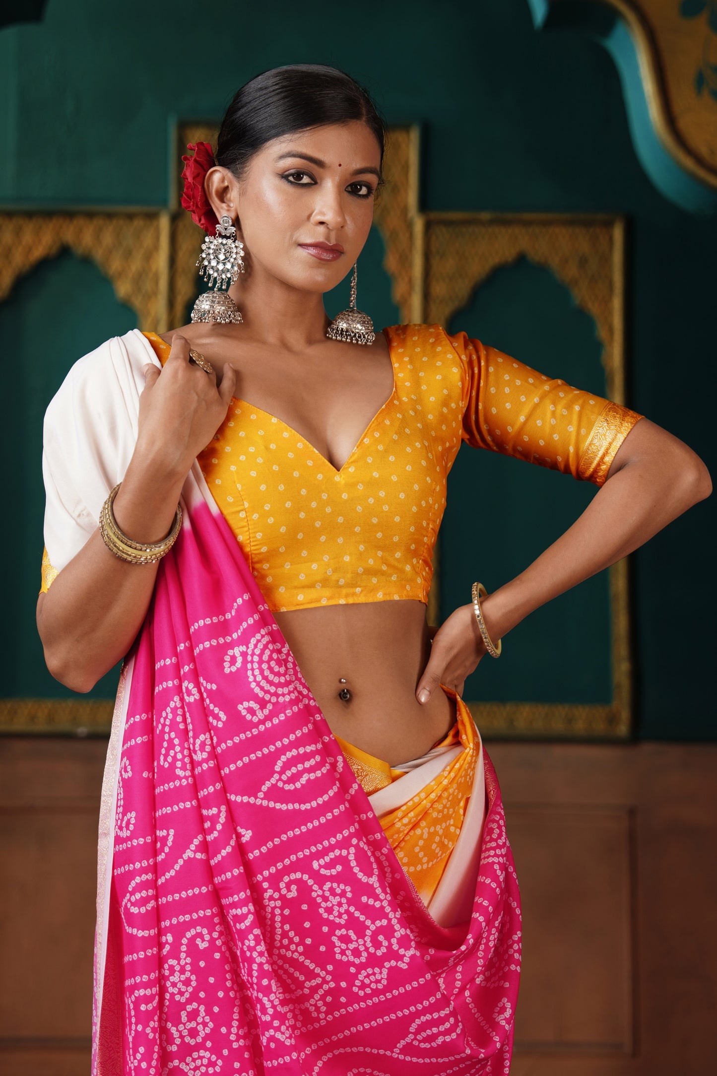 PEARL WHITE & MAGENTA BANDHANI SILK SAREE