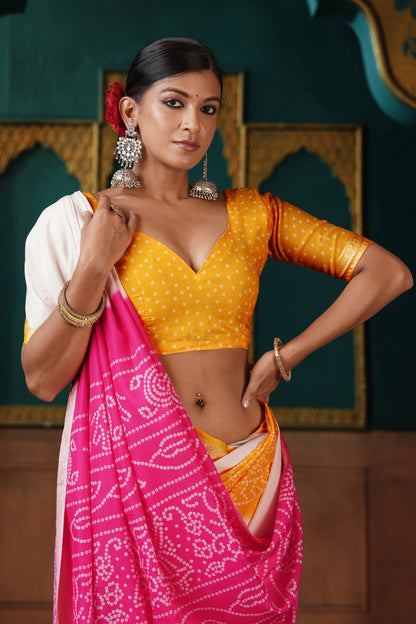 PEARL WHITE & MAGENTA BANDHANI SILK SAREE