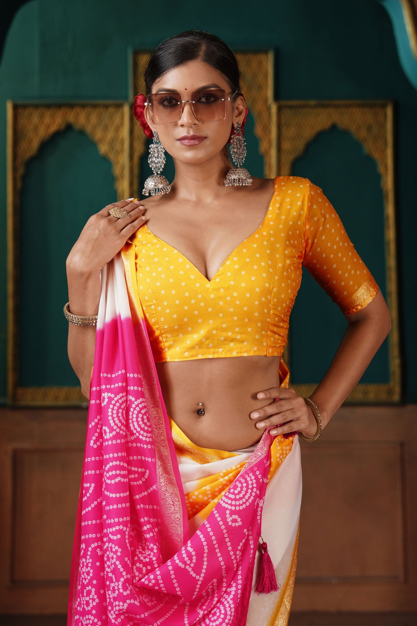 PEARL WHITE & MAGENTA BANDHANI SILK SAREE