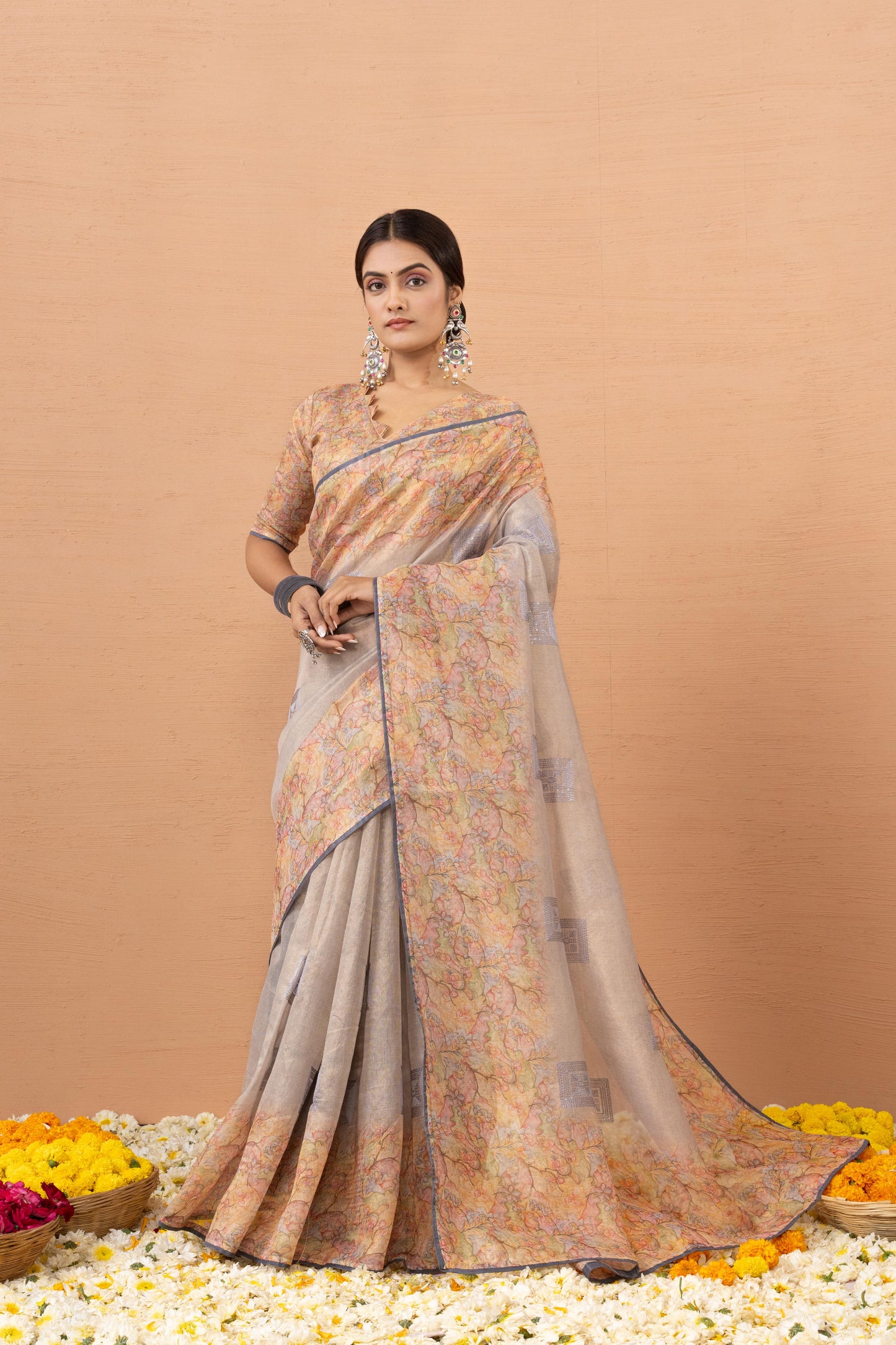 FLORAL MOSAIC GREY ART SAREE
