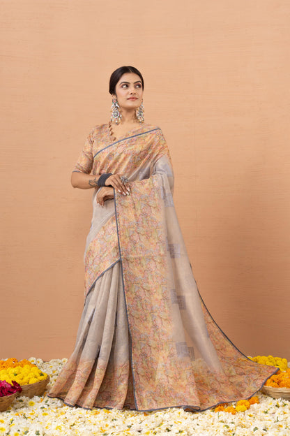 FLORAL MOSAIC GREY ART SAREE