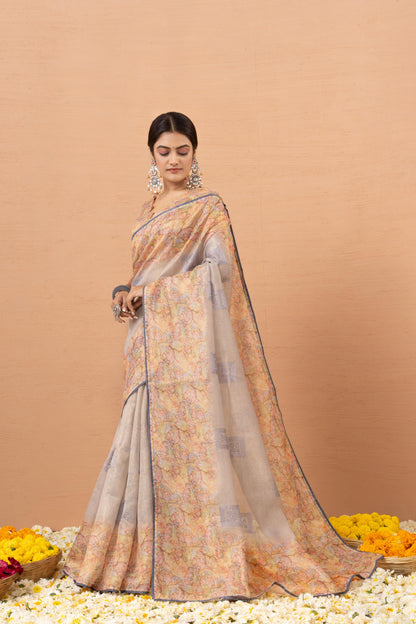 FLORAL MOSAIC GREY ART SAREE