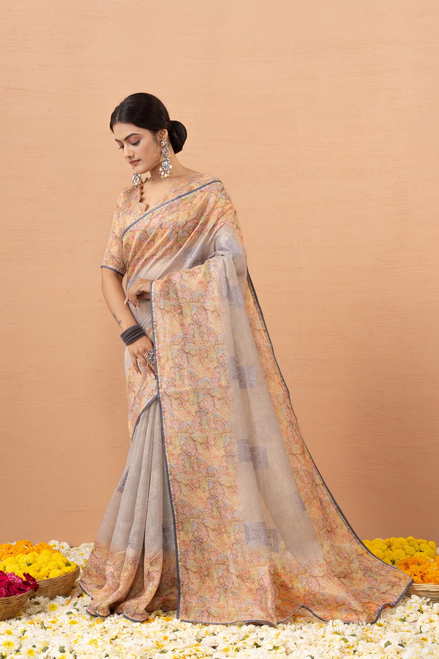 FLORAL MOSAIC GREY ART SAREE