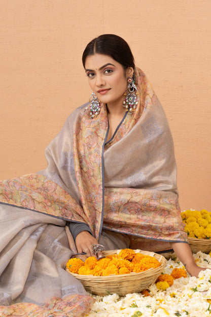 FLORAL MOSAIC GREY ART SAREE