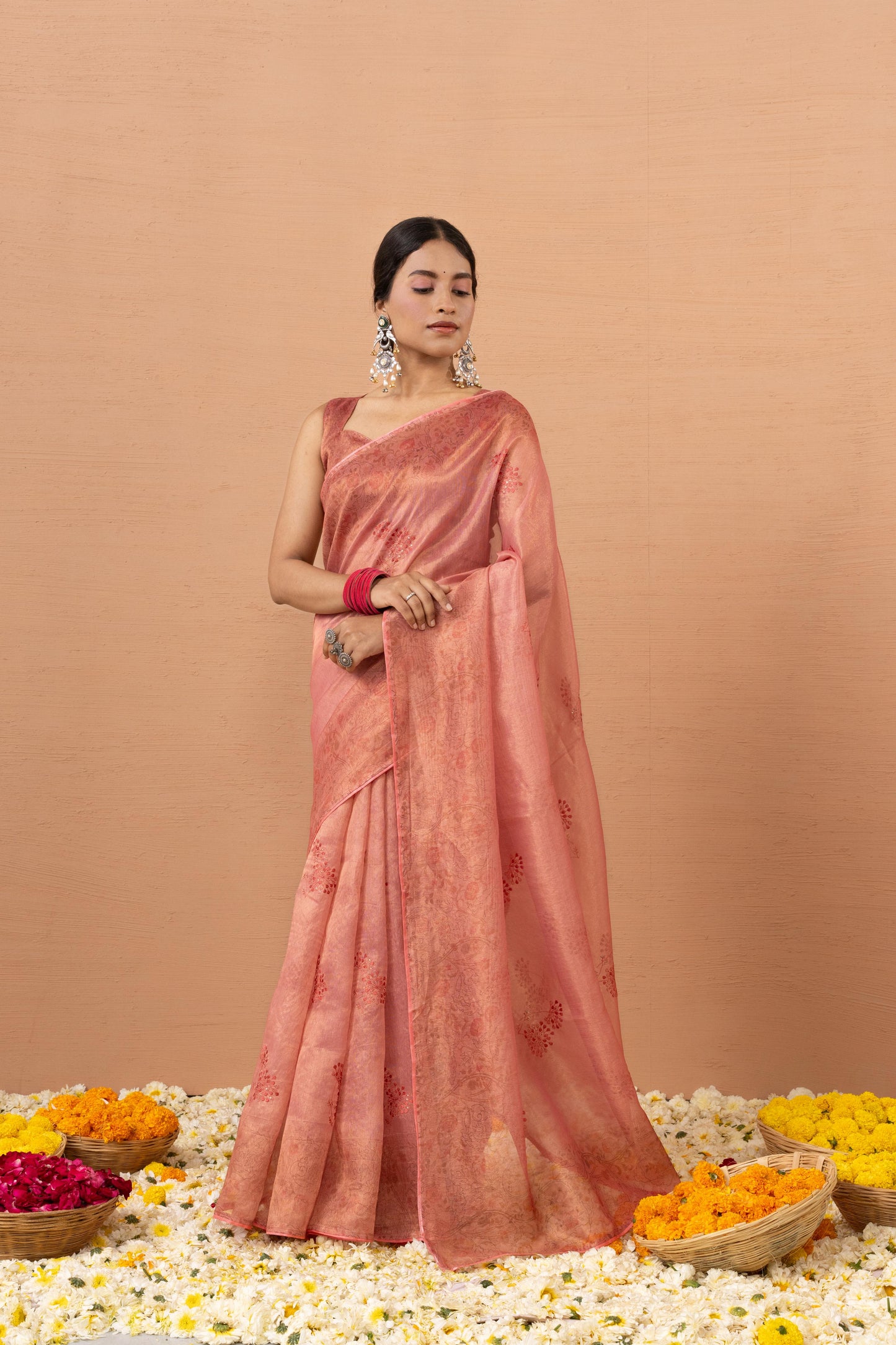 ENCHANTING PEACH CORAL ORGANZA SAREE