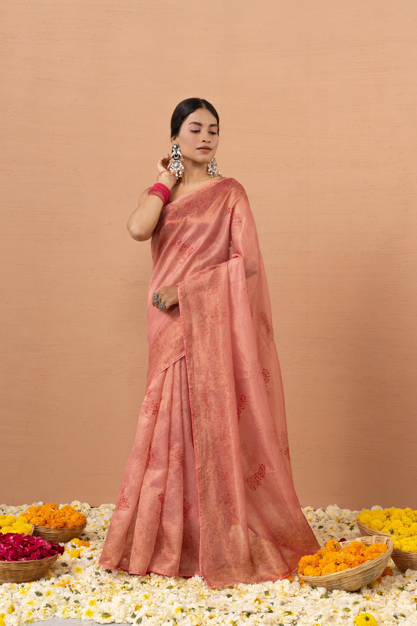 ENCHANTING PEACH CORAL ORGANZA SAREE