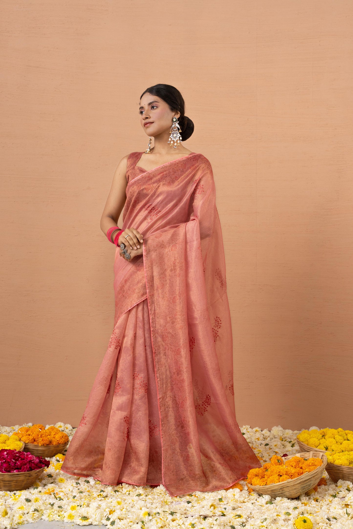 ENCHANTING PEACH CORAL ORGANZA SAREE