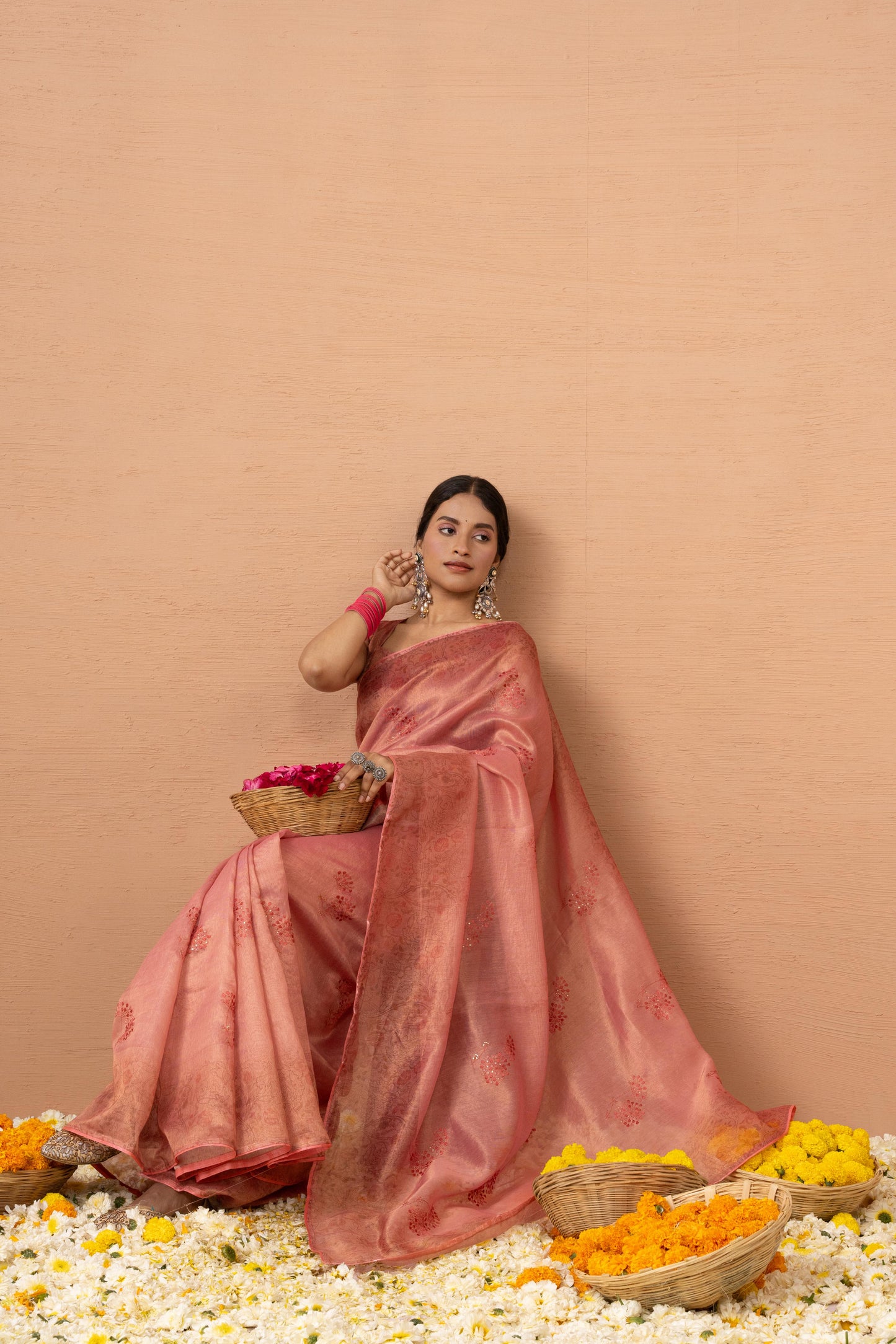 ENCHANTING PEACH CORAL ORGANZA SAREE