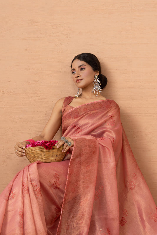ENCHANTING PEACH CORAL ORGANZA SAREE