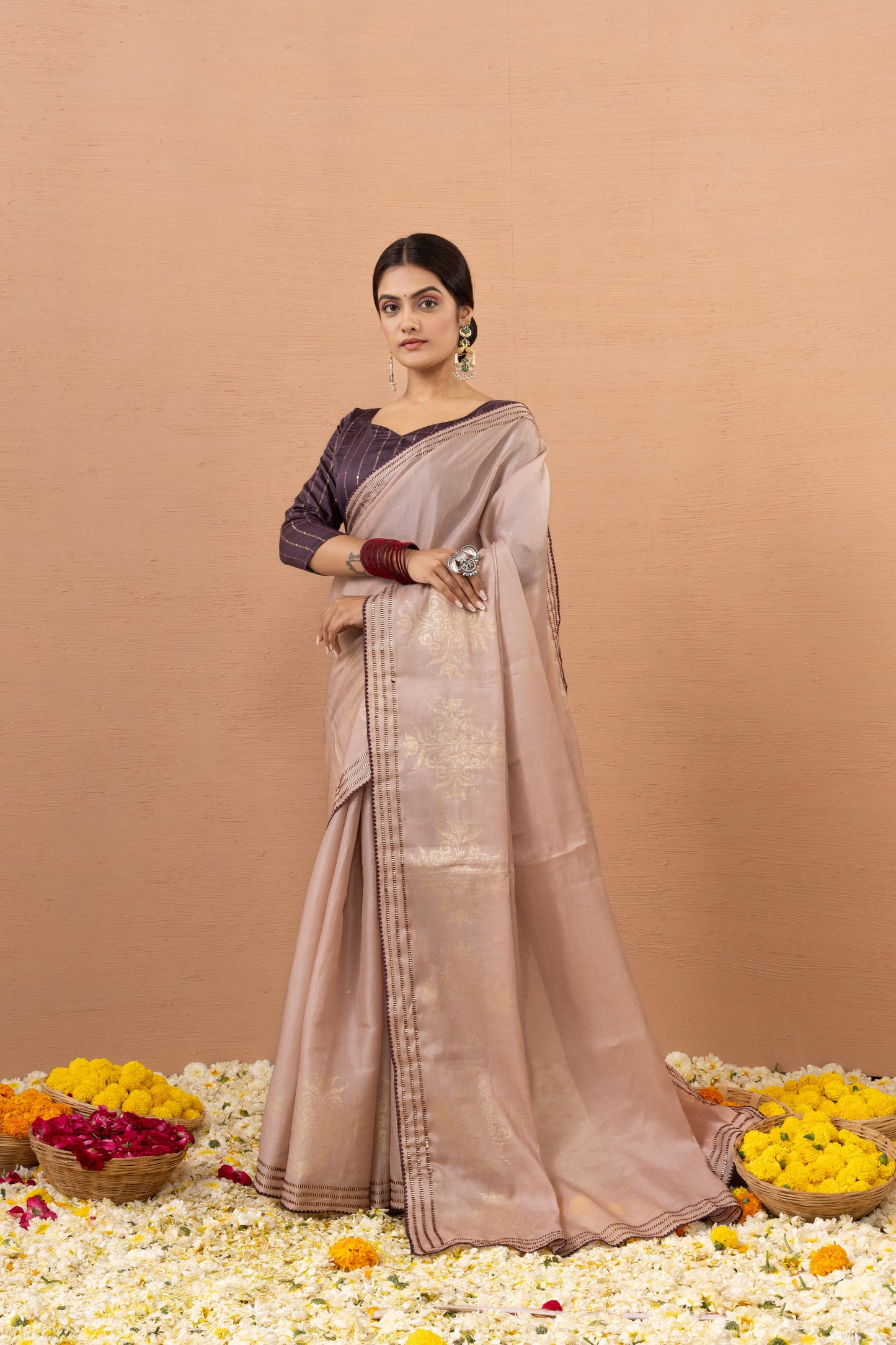 SOPHISTICATED DUSTY ROSE FOIL-ACCENT SAREE