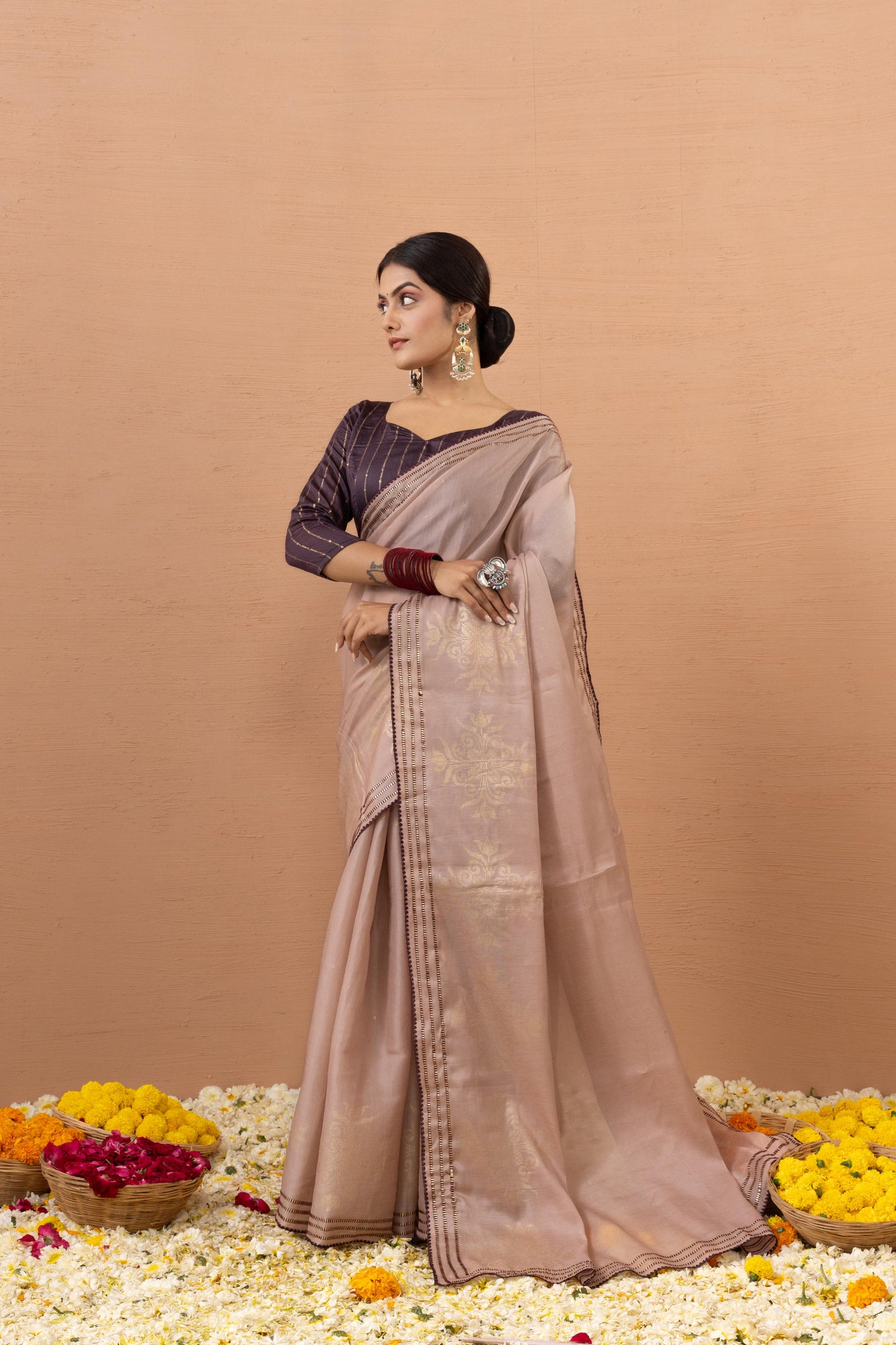 SOPHISTICATED DUSTY ROSE FOIL-ACCENT SAREE
