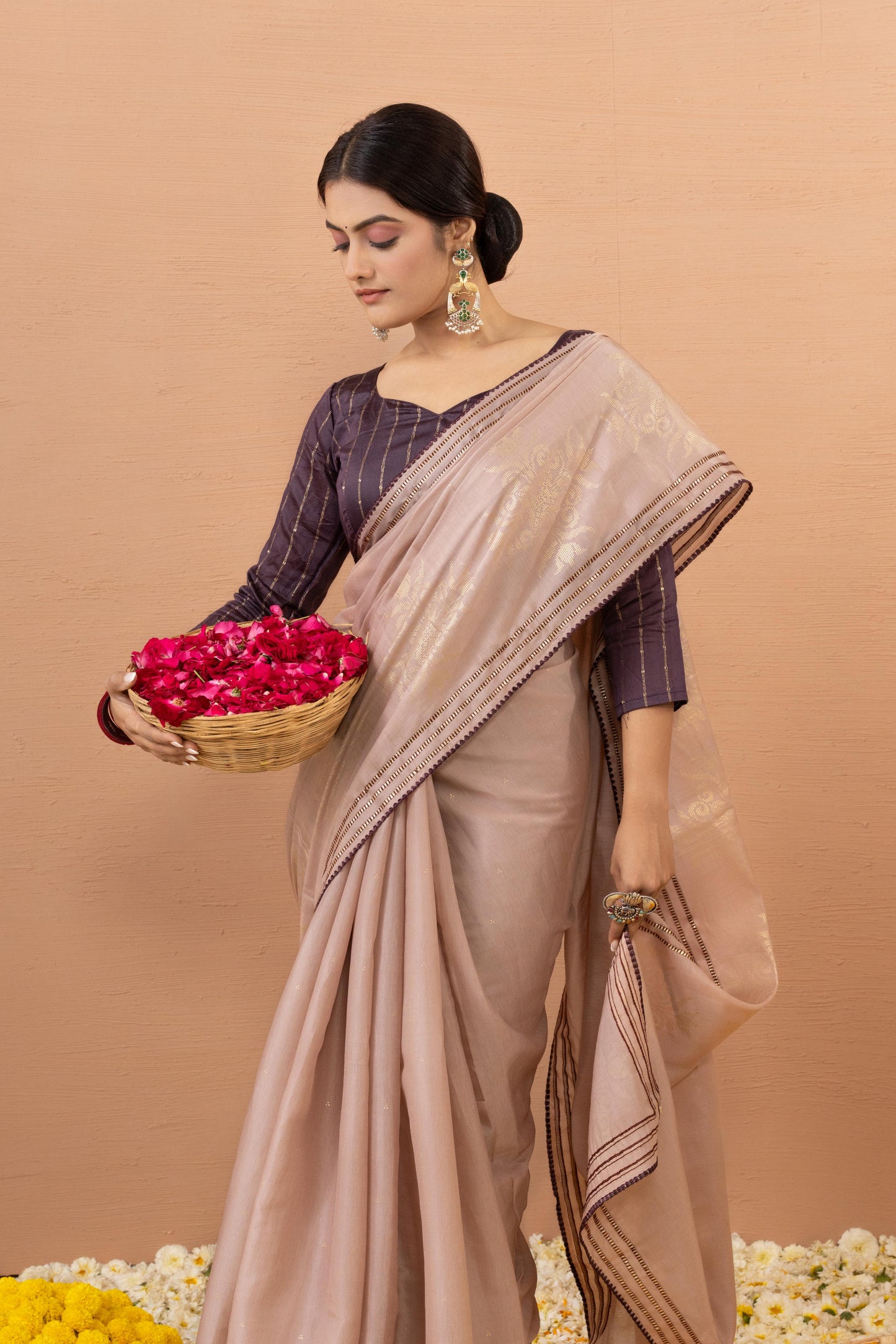 SOPHISTICATED DUSTY ROSE FOIL-ACCENT SAREE