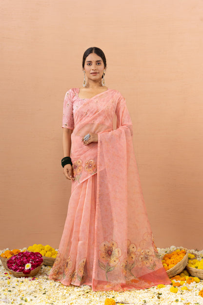 PEACH BLOSSOM ORGANZA SAREE