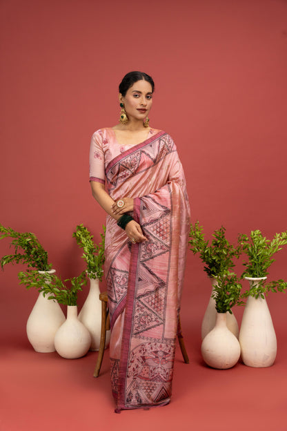 PEACH BLOSSOM MADHUBANI SAREE