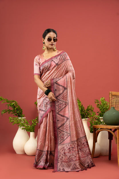 PEACH BLOSSOM MADHUBANI SAREE