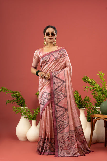 PEACH BLOSSOM MADHUBANI SAREE