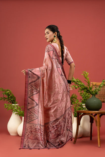 PEACH BLOSSOM MADHUBANI SAREE