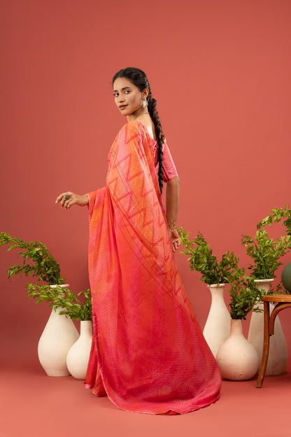 ELEGANT SUNSET PINK GEOMETRIC PRINTED ORGANZA SAREE