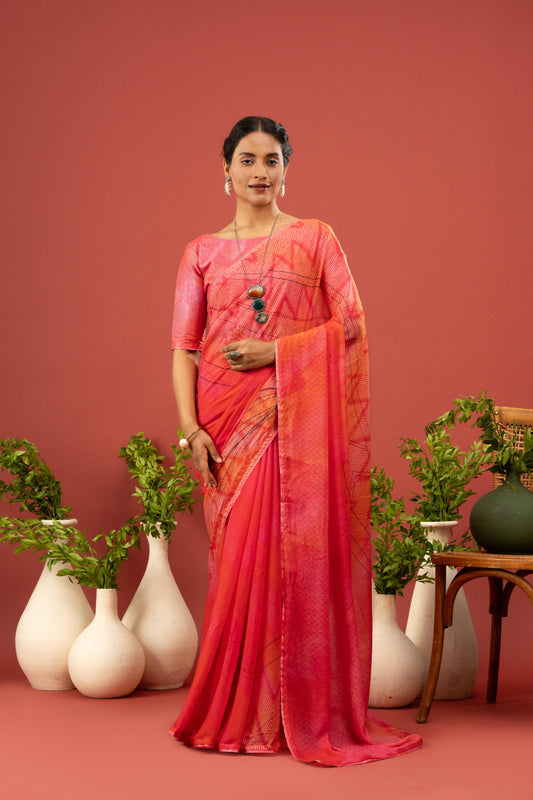 ELEGANT SUNSET PINK GEOMETRIC PRINTED ORGANZA SAREE