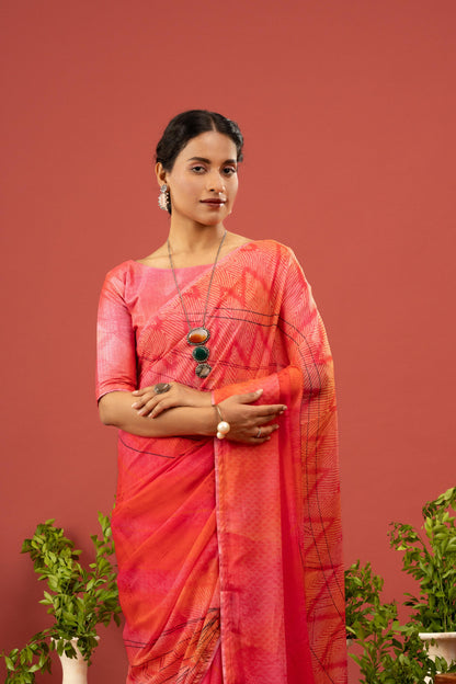 ELEGANT SUNSET PINK GEOMETRIC PRINTED ORGANZA SAREE