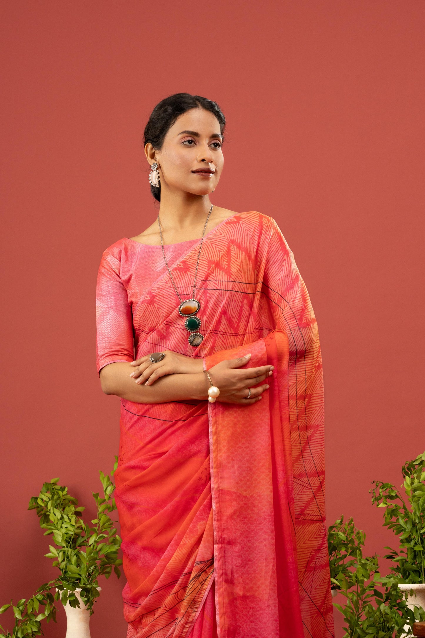 ELEGANT SUNSET PINK GEOMETRIC PRINTED ORGANZA SAREE