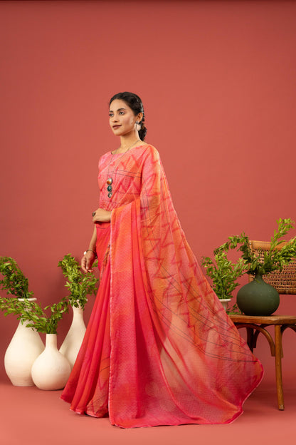 ELEGANT SUNSET PINK GEOMETRIC PRINTED ORGANZA SAREE