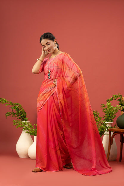 ELEGANT SUNSET PINK GEOMETRIC PRINTED ORGANZA SAREE