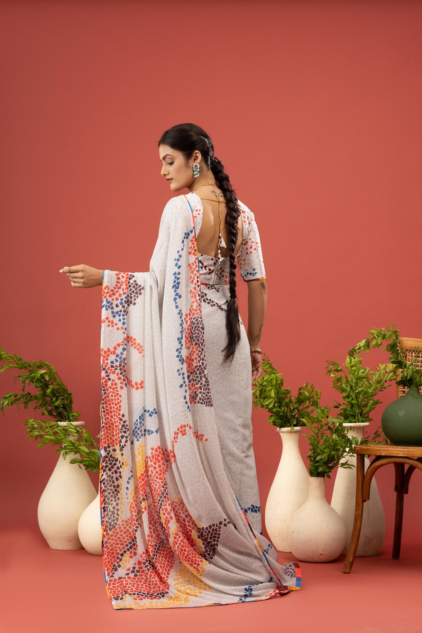 MULTICOLOR MOSAIC PRINTED WHITE SAREE