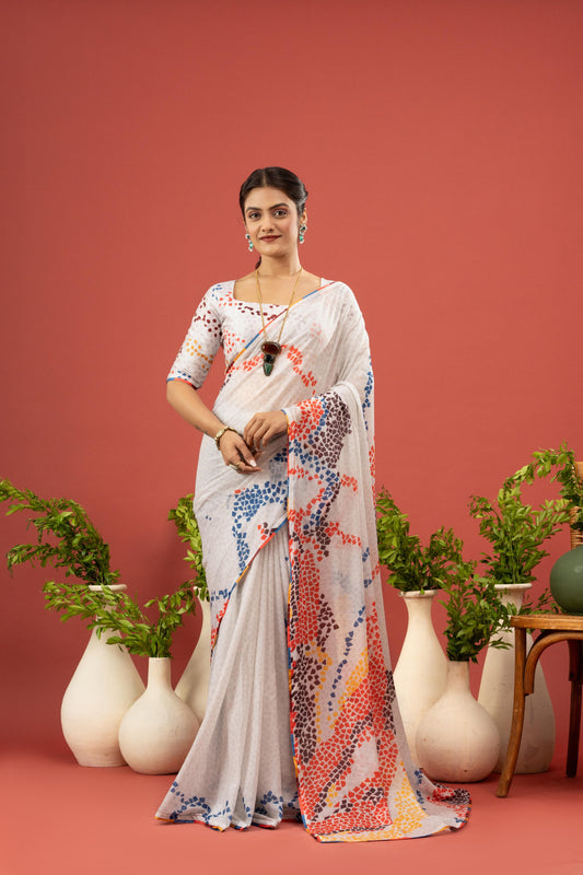 MULTICOLOR MOSAIC PRINTED WHITE SAREE