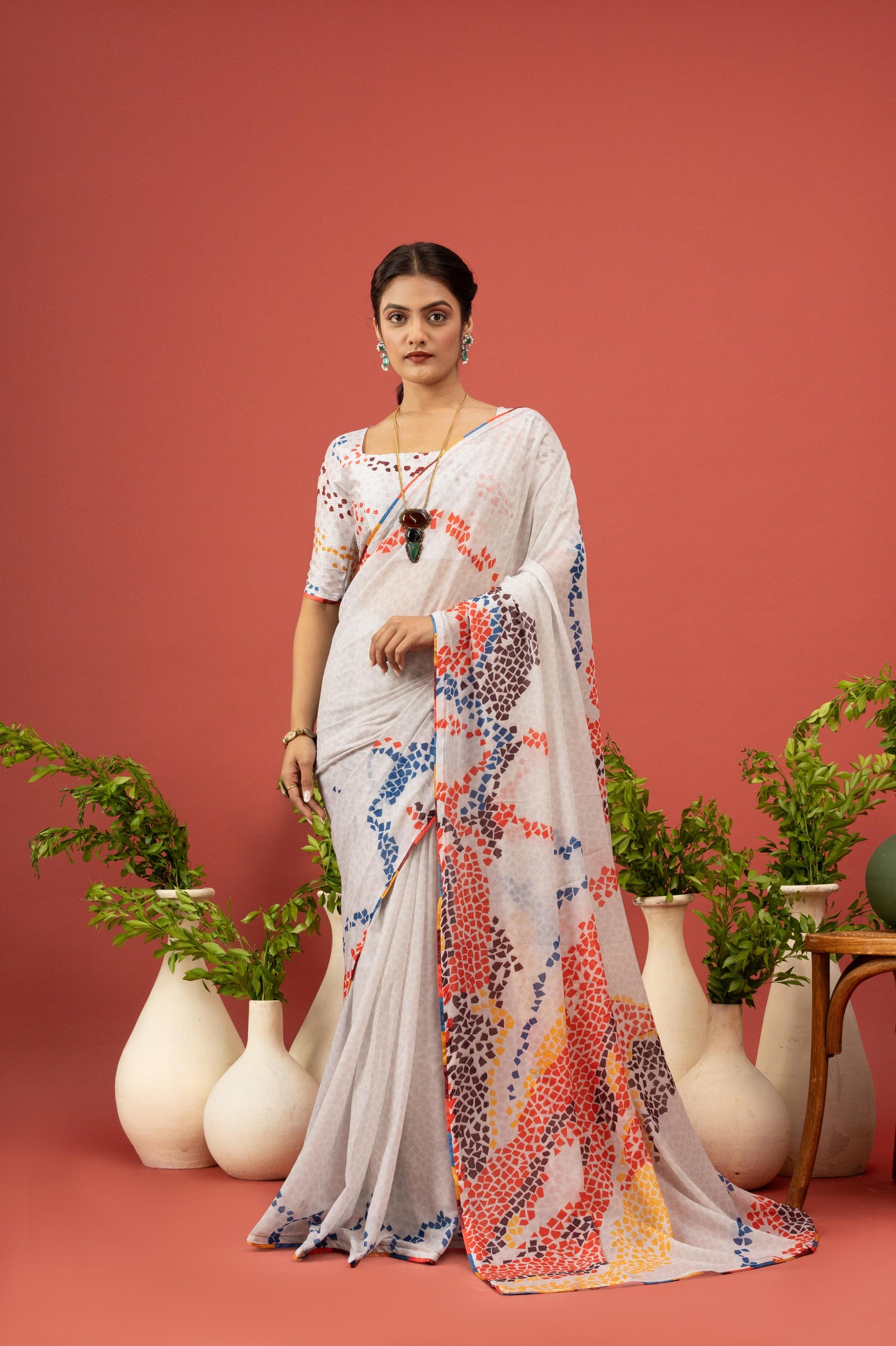 MULTICOLOR MOSAIC PRINTED WHITE SAREE