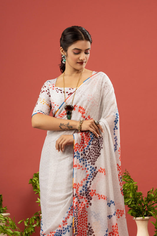 MULTICOLOR MOSAIC PRINTED WHITE SAREE