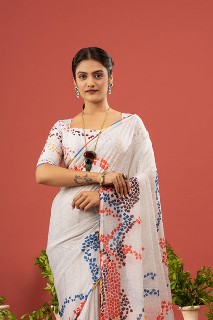 MULTICOLOR MOSAIC PRINTED WHITE SAREE