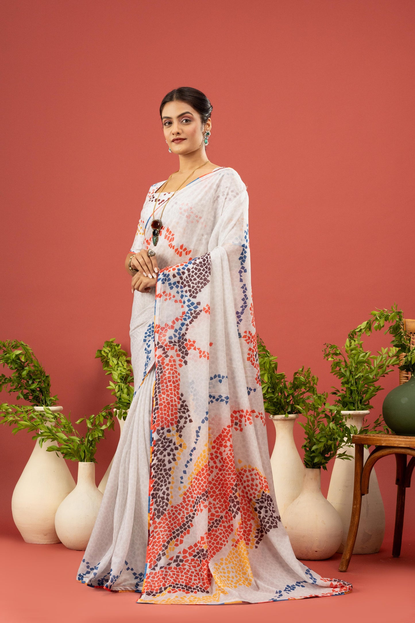 MULTICOLOR MOSAIC PRINTED WHITE SAREE