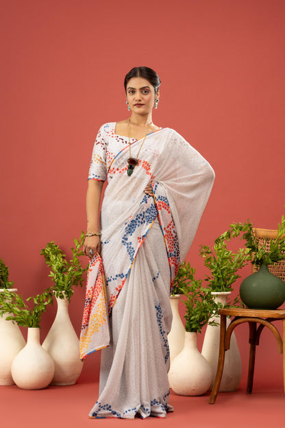 MULTICOLOR MOSAIC PRINTED WHITE SAREE