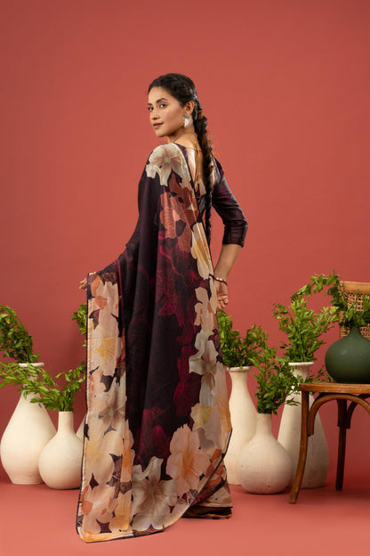 ELEGANT DEEP WINE GEORGETTE SAREE WITH BOLD CREAM FLORAL PALLU