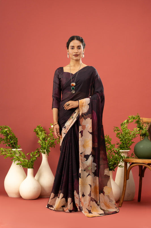 ELEGANT DEEP WINE GEORGETTE SAREE WITH BOLD CREAM FLORAL PALLU
