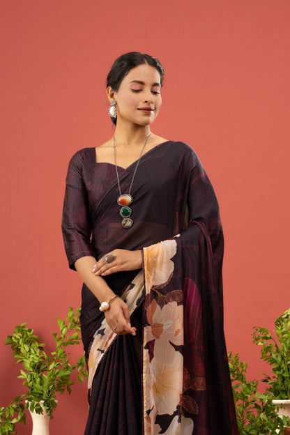 ELEGANT DEEP WINE GEORGETTE SAREE WITH BOLD CREAM FLORAL PALLU