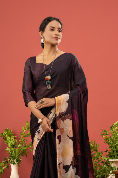 ELEGANT DEEP WINE GEORGETTE SAREE WITH BOLD CREAM FLORAL PALLU
