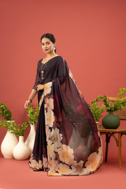 ELEGANT DEEP WINE GEORGETTE SAREE WITH BOLD CREAM FLORAL PALLU