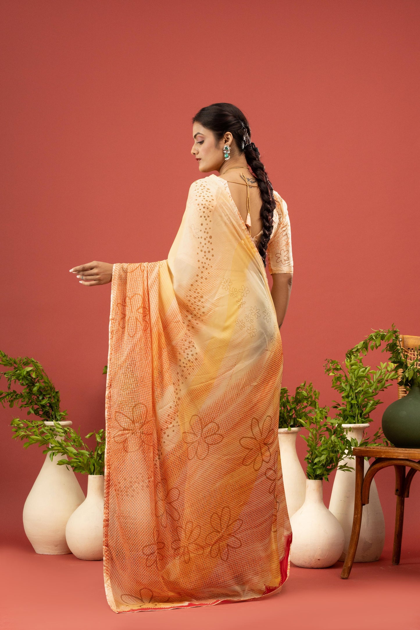 SUNSHINE YELLOW & FLORAL ORANGE SAREE